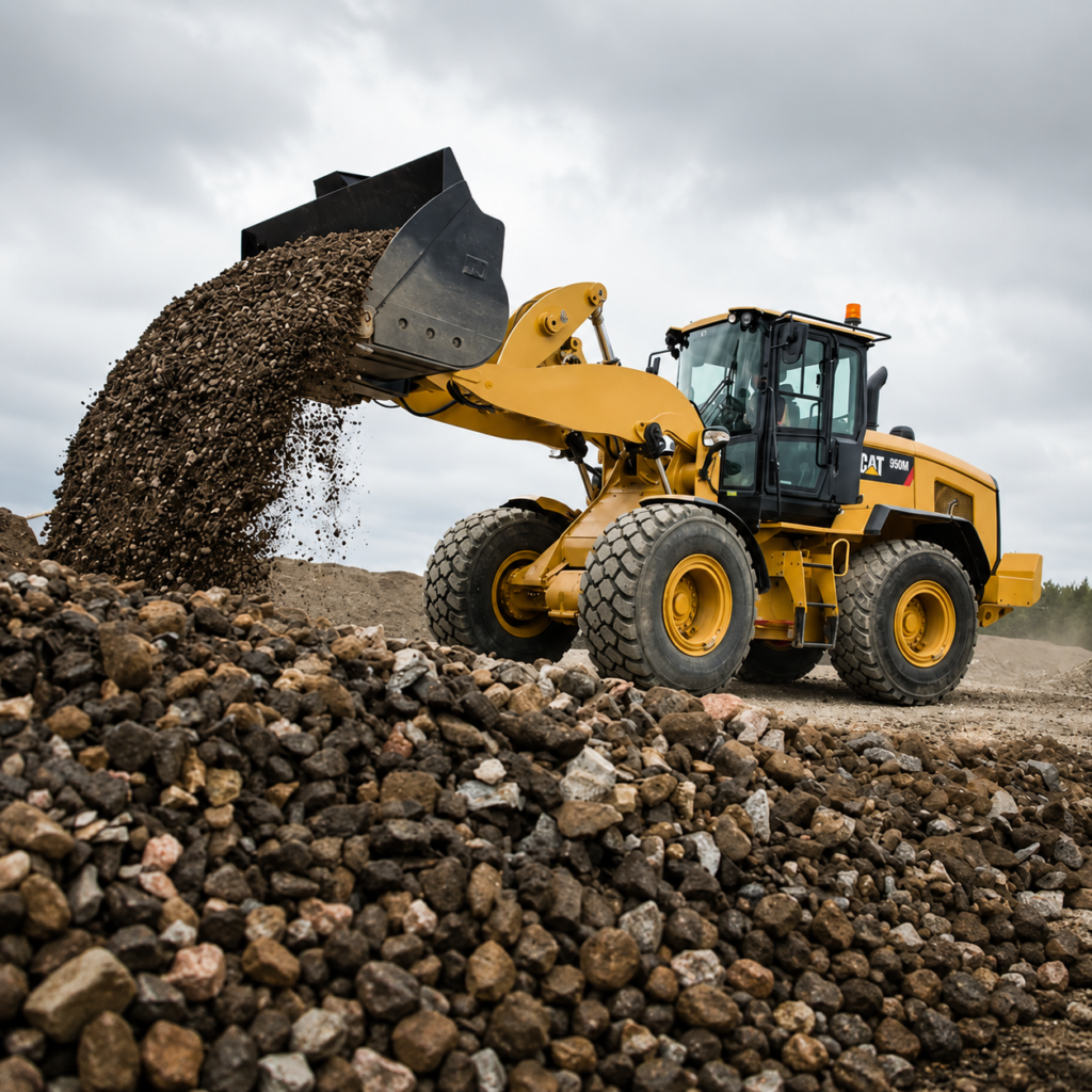 Caterpillar wheel loader dumping gravel and aggregate at a quarry site, demonstrating heavy construction machinery used for material handling, mining operations, and earthmoving projects.