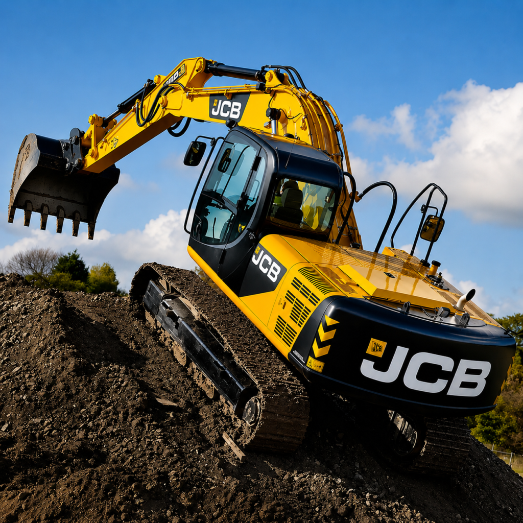 Yellow JCB hydraulic excavator operating on a dirt embankment at a construction site, showcasing heavy earthmoving equipment used for excavation, mining, and civil engineering projects.