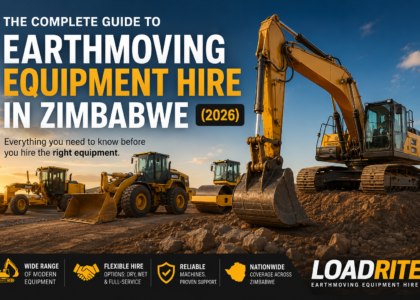 Earthmoving equipment hire in Zimbabwe featuring excavators, loaders and graders