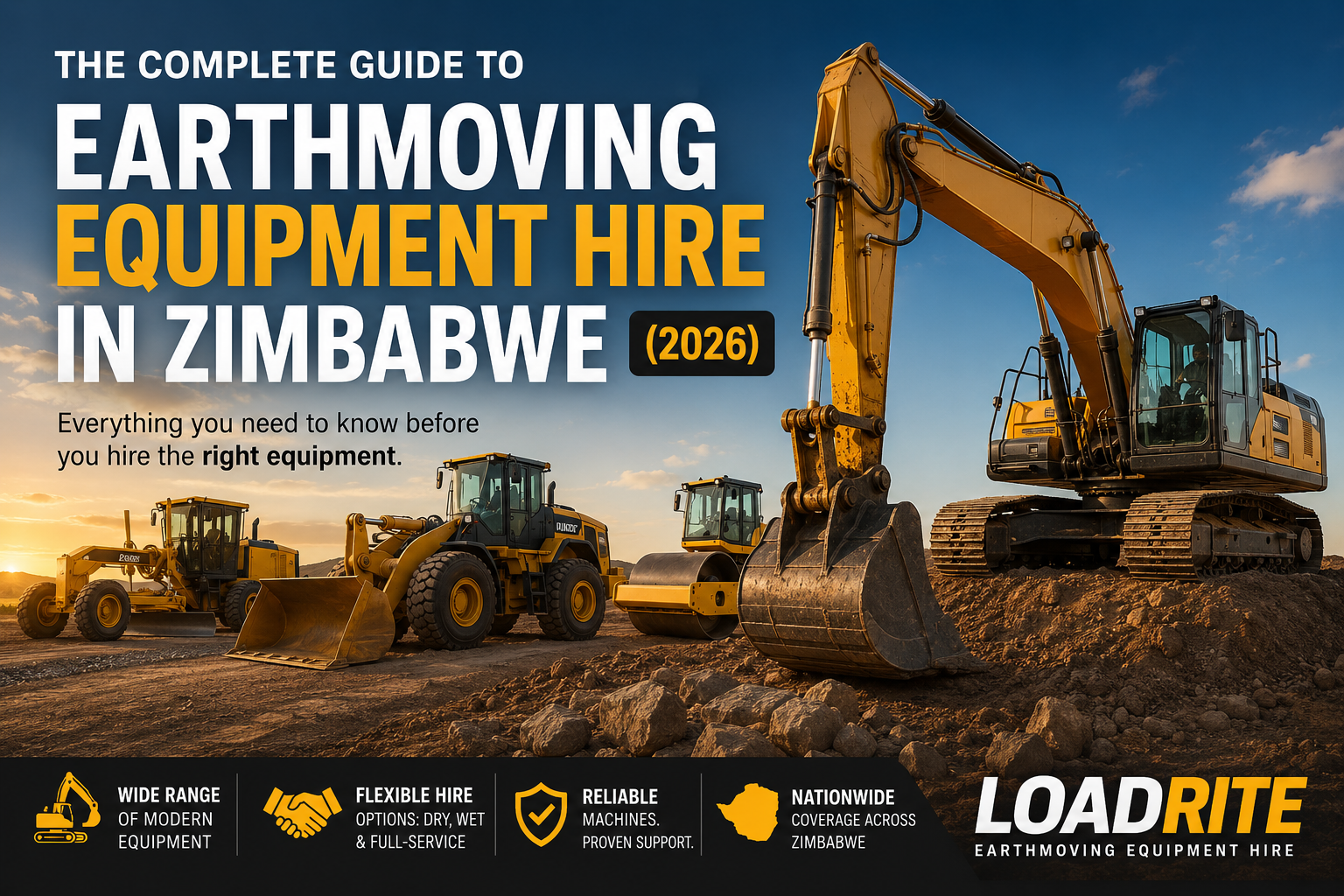 Earthmoving equipment hire in Zimbabwe featuring excavators, loaders and graders