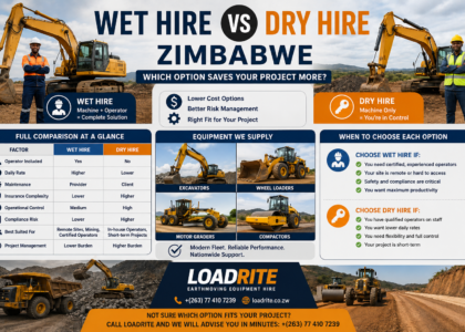 Wet hire vs dry hire Zimbabwe comparison showing equipment rental options for mining and construction projects