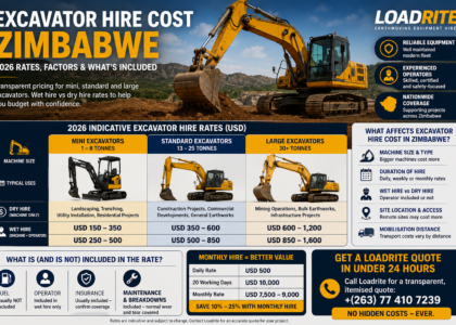 Excavator hire cost Zimbabwe comparison showing mini excavator, standard excavator and large excavator rates
